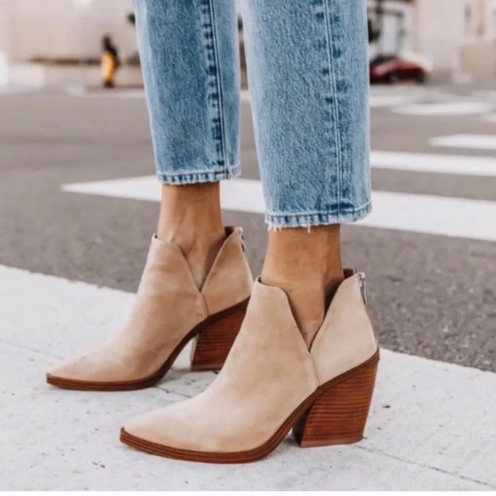 Vince Camuto Taupe Suede V-Cut Ankle Booties with Stacked Wood Heel